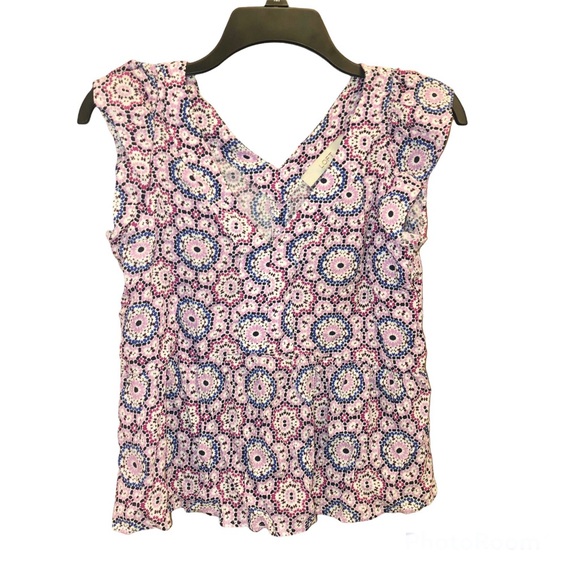 LOFT Tops - Loft Floral Geometric Peplum V Neck Sleeveless Top Pink Blue XS Petite